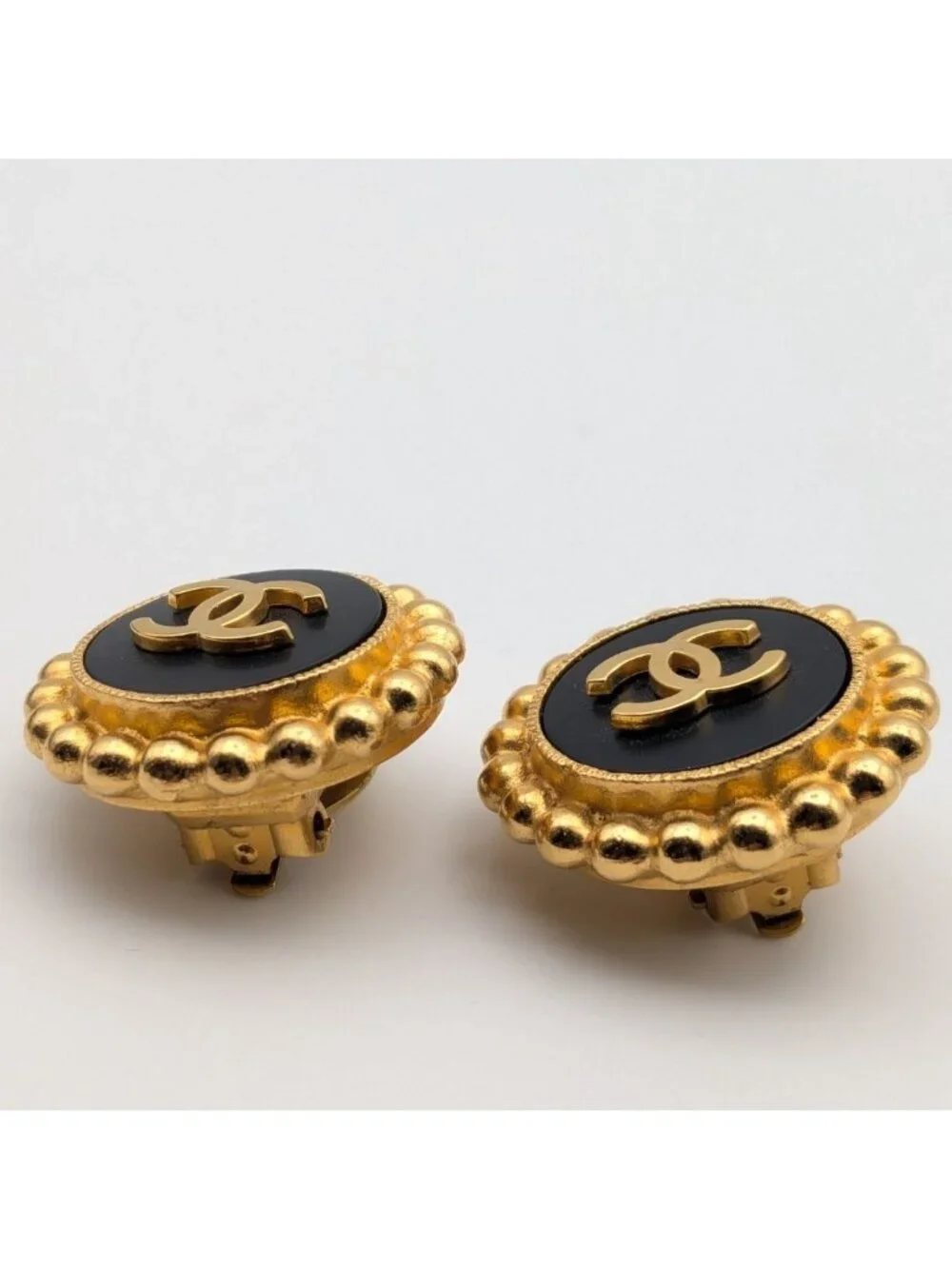 Chanel Earrings CC Logo Gold Black Vintage